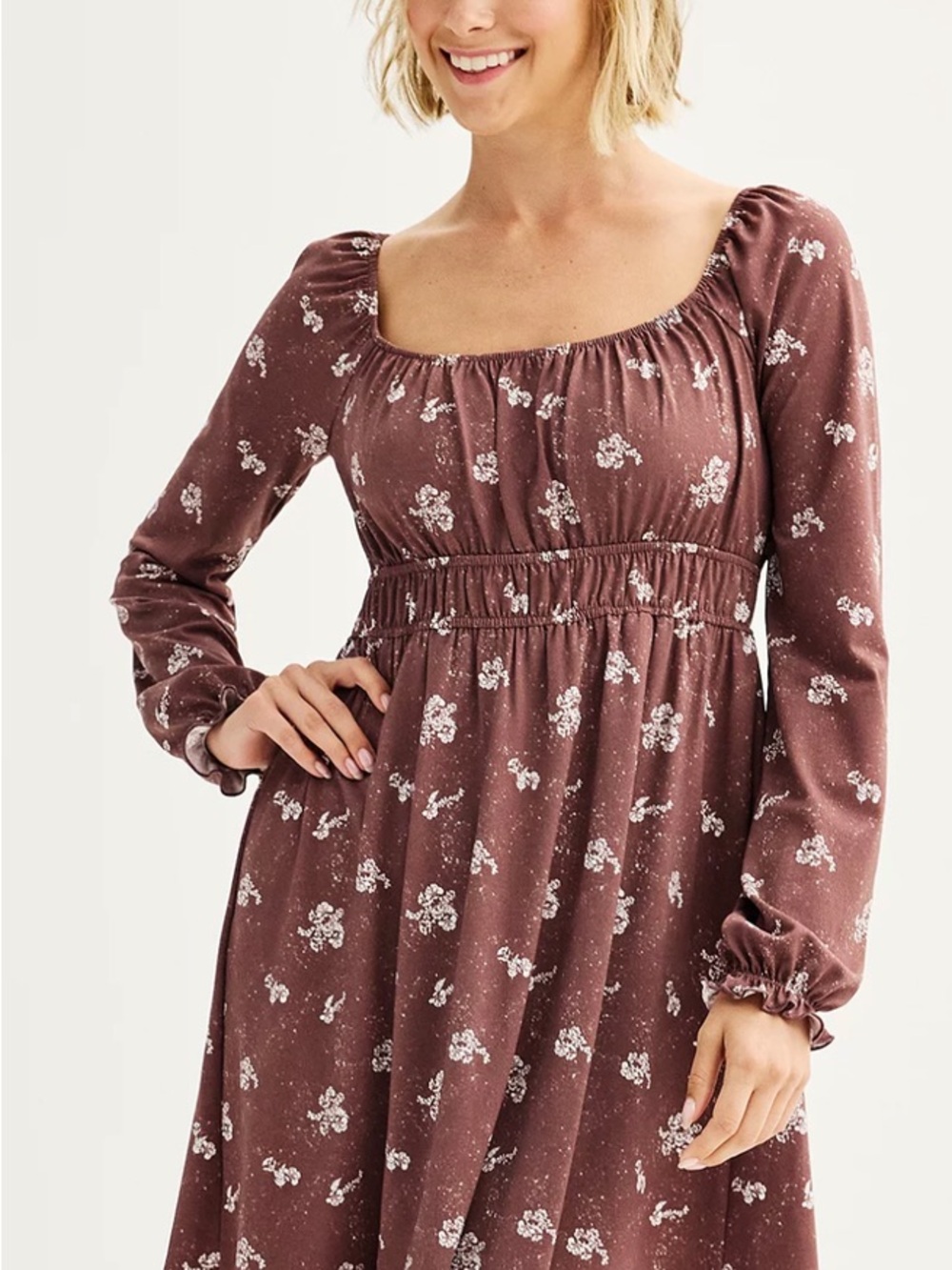 Kohl's Mauve Floral Long-Sleeve Square-Neck Dress